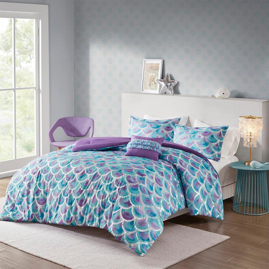 Pearl Metallic Printed Reversible Comforter Set Teal & Purple Full/Queen Olliix.com