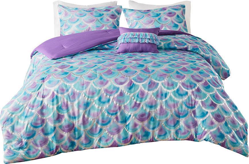 Pearl Metallic Printed Reversible Comforter Set Teal & Purple Full/Queen Olliix.com