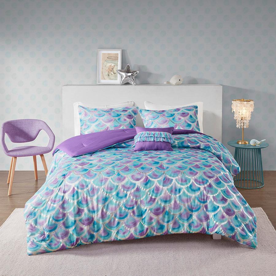 Pearl Metallic Printed Reversible Comforter Set Teal & Purple Full/Queen Olliix.com