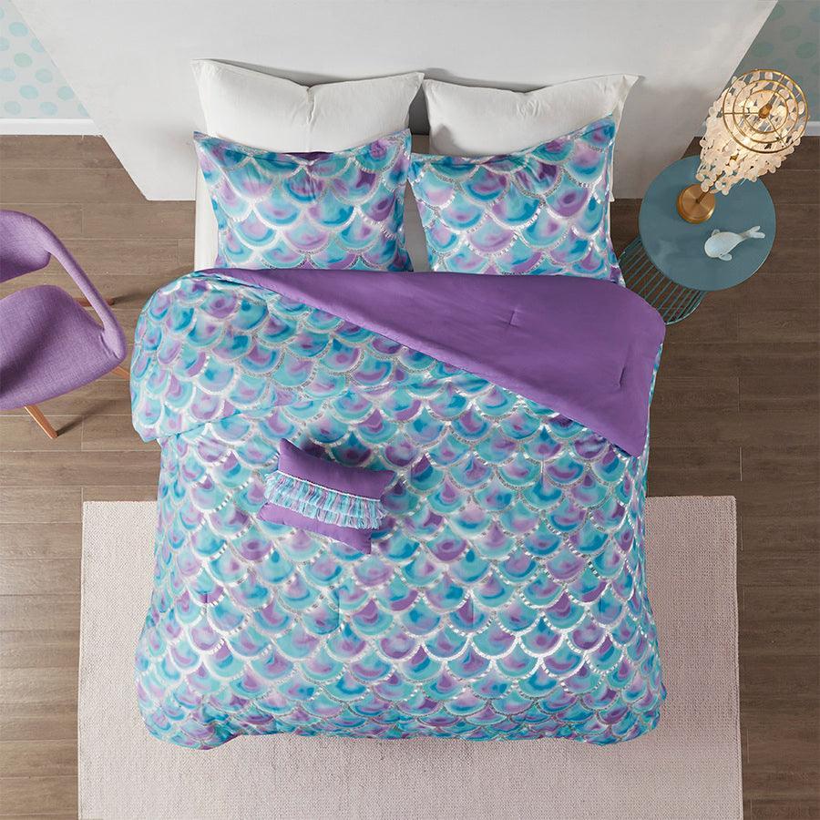 Pearl Metallic Printed Reversible Comforter Set Teal & Purple Full/Queen Olliix.com