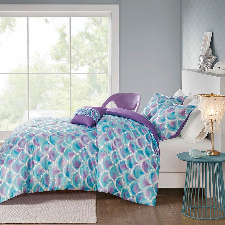 Pearl Metallic Printed Reversible Comforter Set Teal & Purple Full/Queen Olliix.com