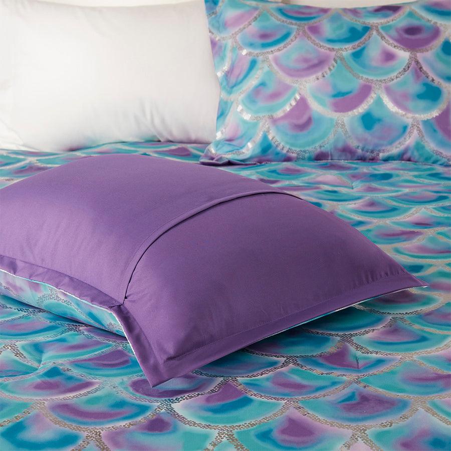 Pearl Metallic Printed Reversible Comforter Set Teal & Purple Full/Queen Olliix.com