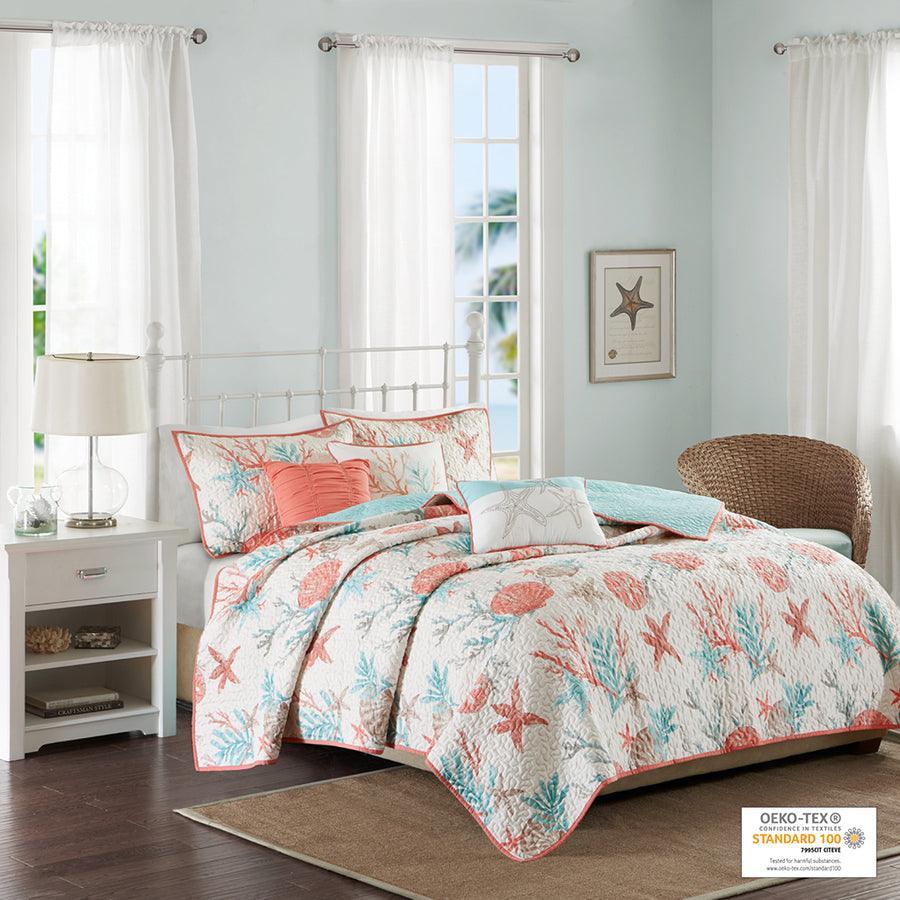 Pebble King/California King Beach 6 Piece Cotton Sateen Reversible Coverlet Set Coral Olliix.com