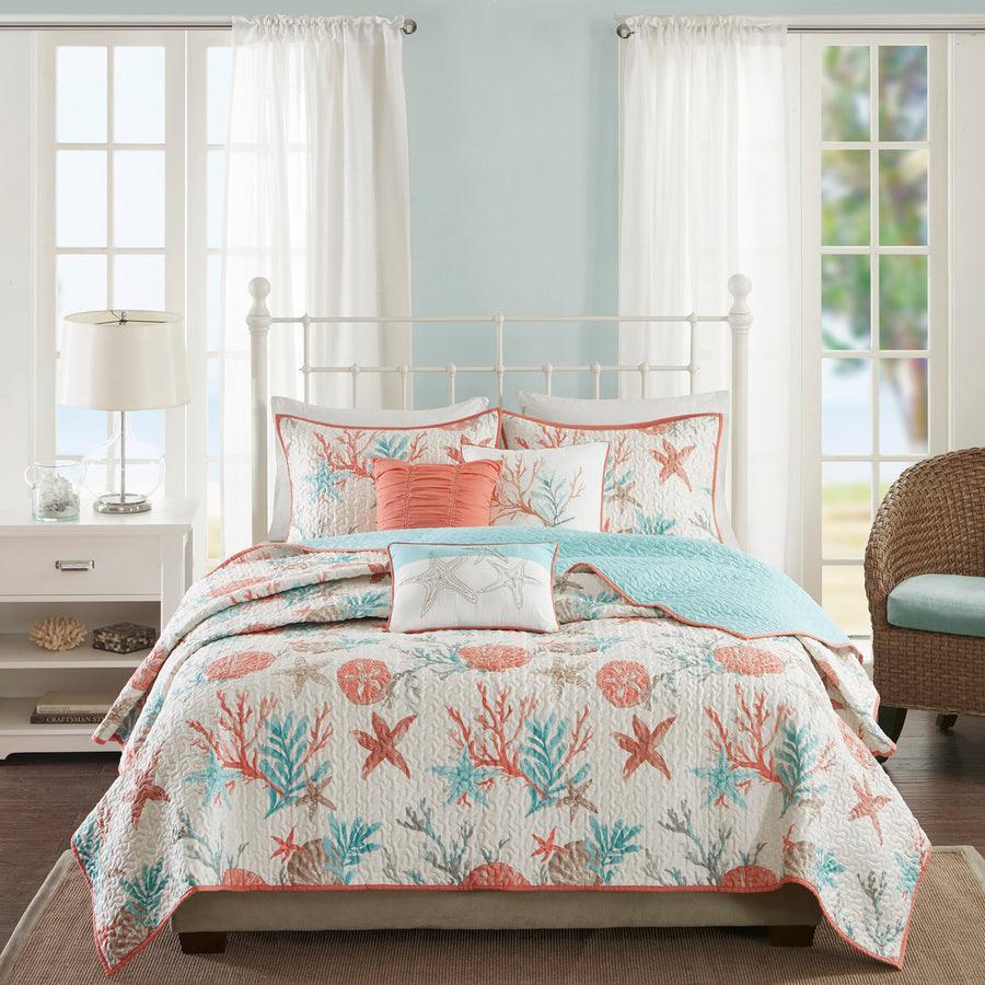 Pebble King/California King Beach 6 Piece Cotton Sateen Reversible Coverlet Set Coral Olliix.com