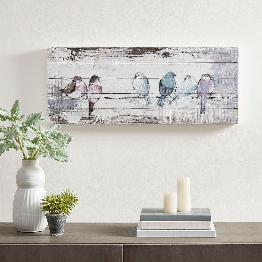 Perched Birds Hand Painted Wood Plank White & Grey Olliix.com