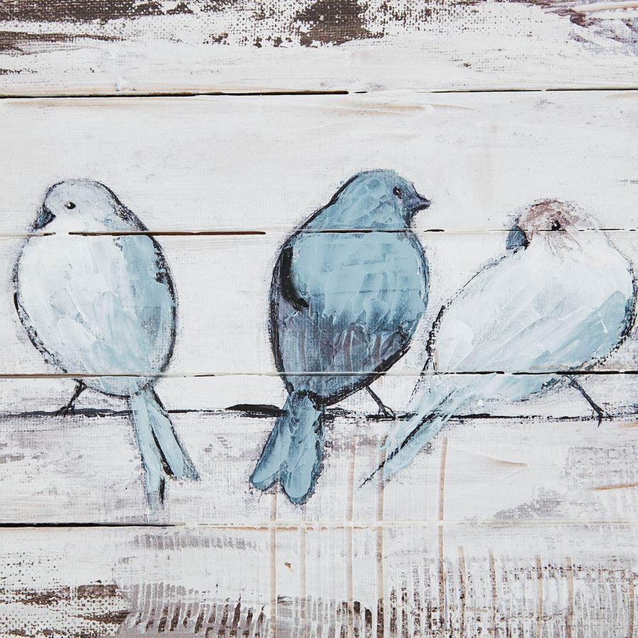 Perched Birds Hand Painted Wood Plank White & Grey Olliix.com