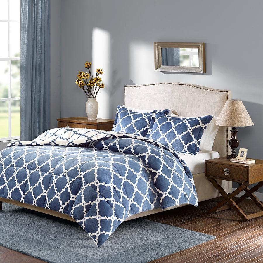 Peyton Reversible Plush Comforter Mini Set Navy Full/Queen Olliix.com