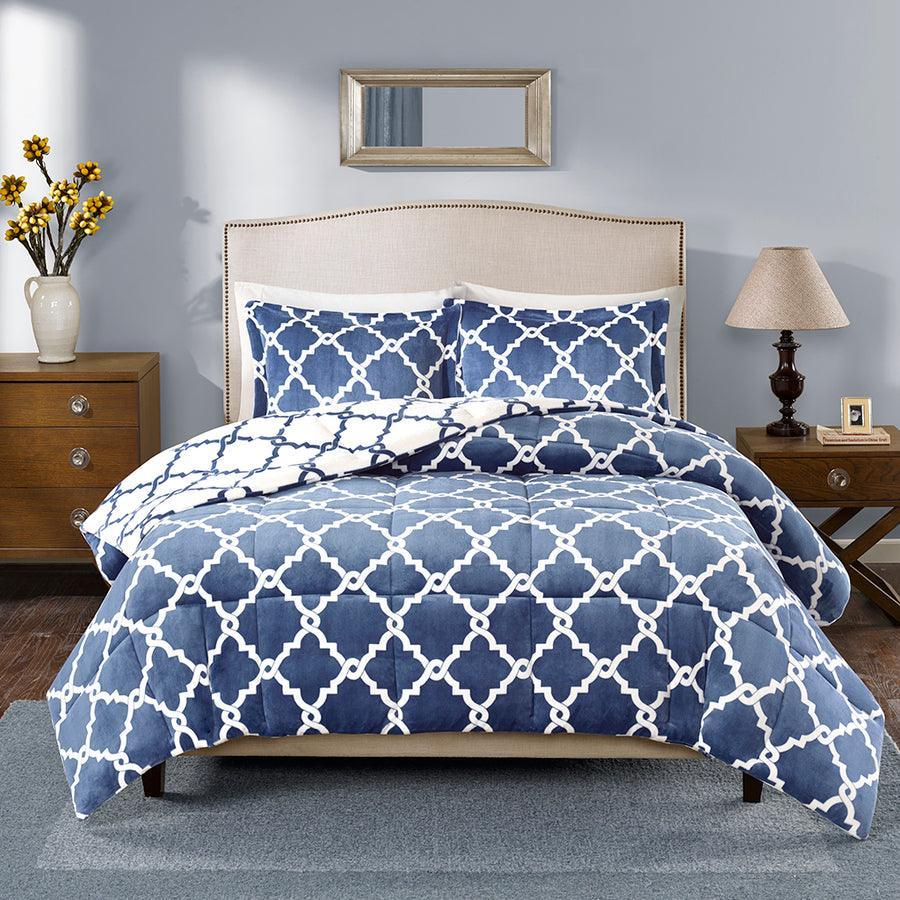 Peyton Reversible Plush Comforter Mini Set Navy Full/Queen Olliix.com