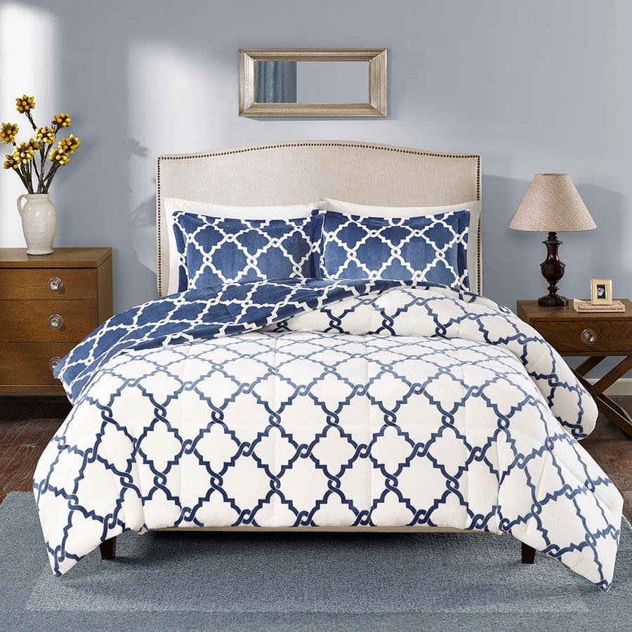 Peyton Reversible Plush Comforter Mini Set Navy Full/Queen Olliix.com