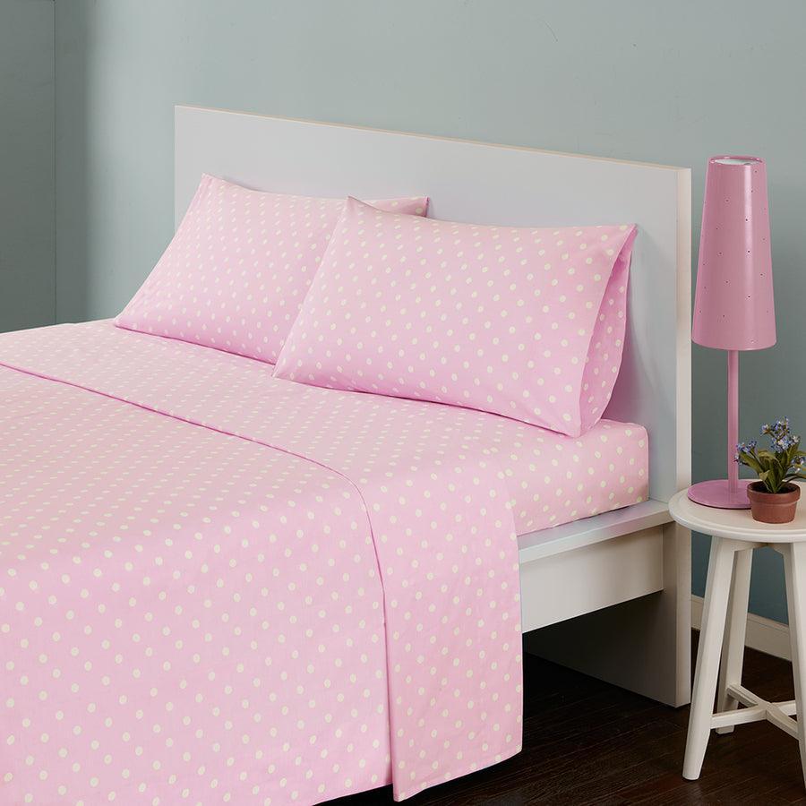 Polka Dot Printed 100% Cotton Sheet Set Twin Dark Pink Olliix.com