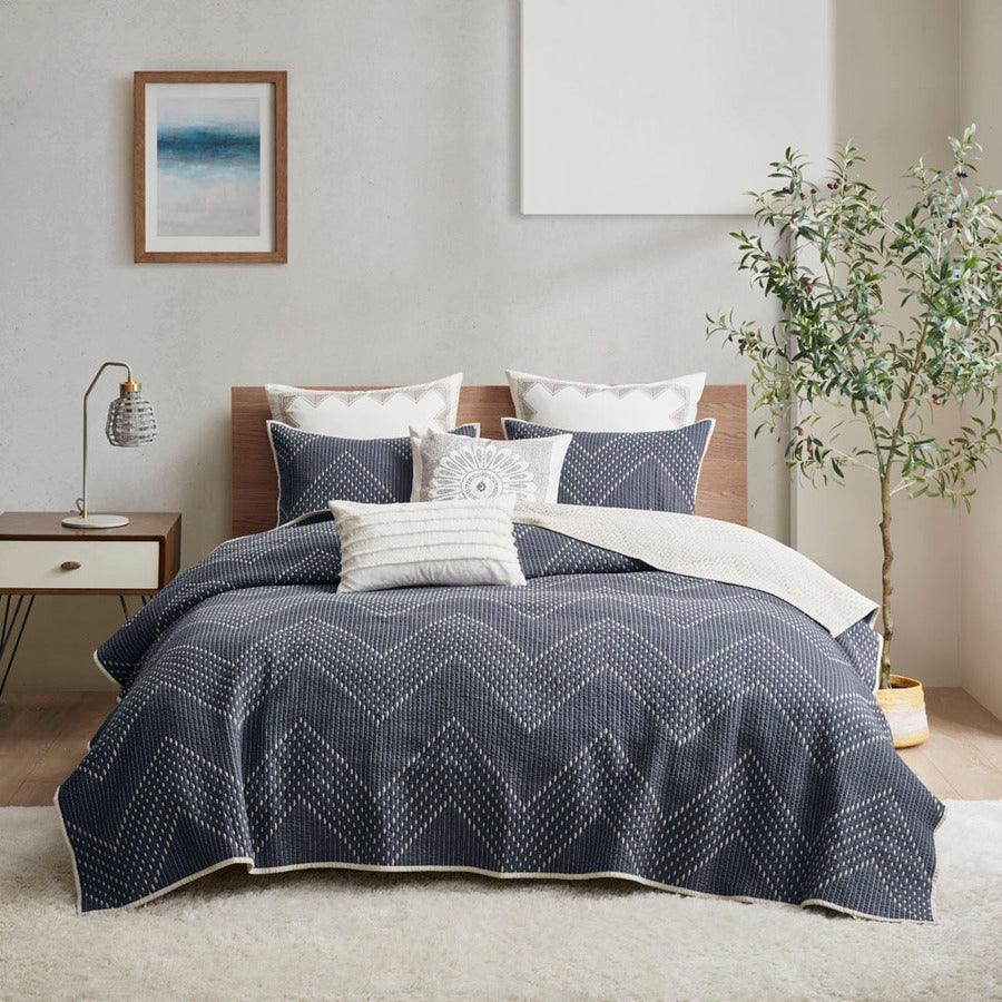 Pomona Full/Queen Cotton Embroidered 3 Piece Coverlet Set Navy Olliix.com