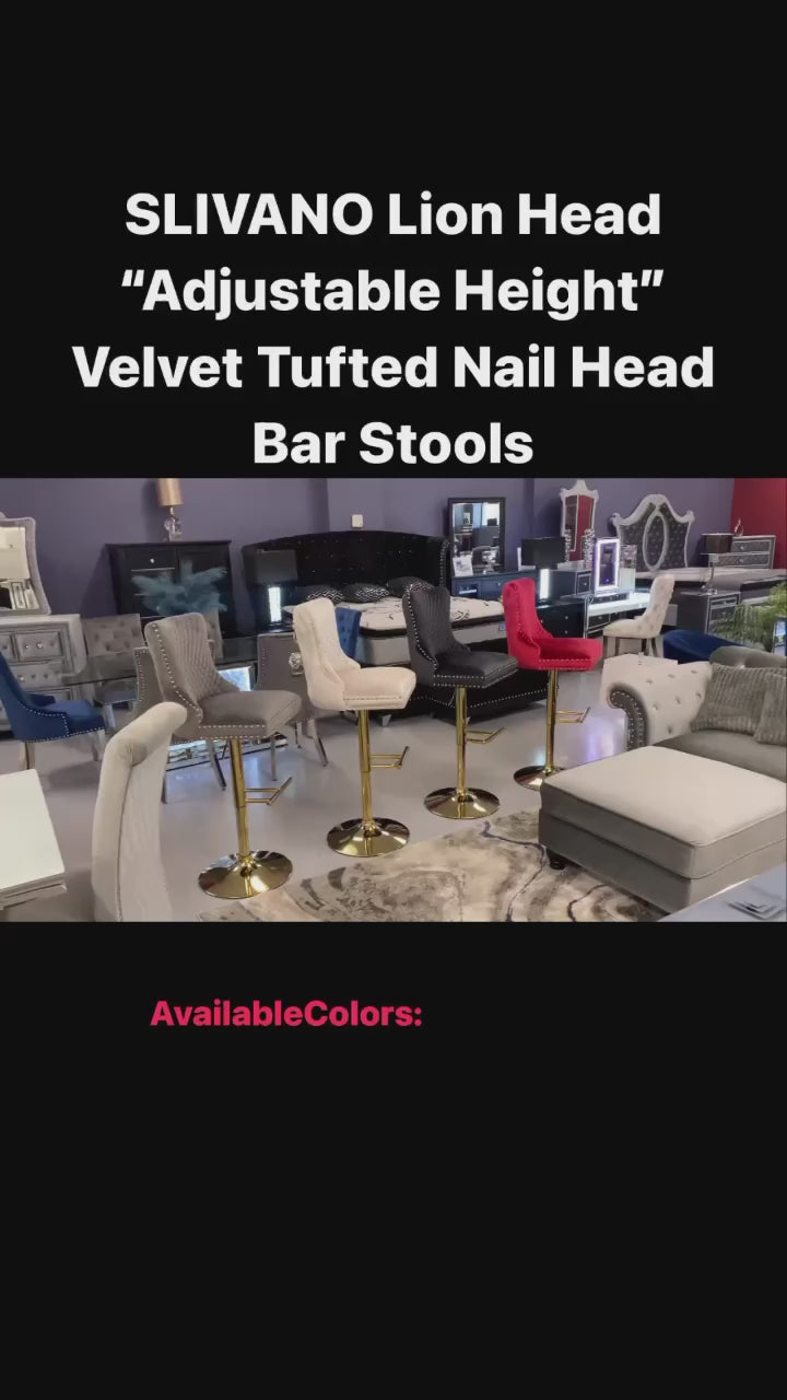 Lion Head Velvet Tufted Swiveling Nail Head Bar Stools (Premium Gold Lion Head & Base)