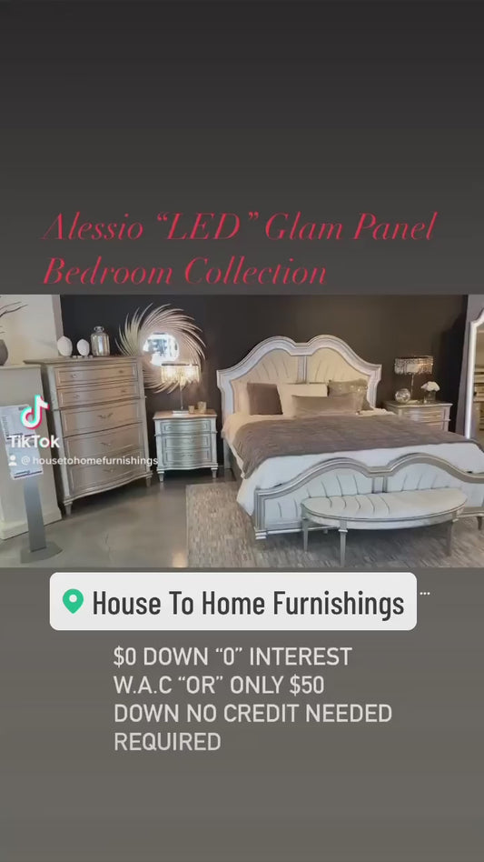 Alessio King Size Evangeline "LED" Platinum Metallic Modern Glam Bedroom Collection with LED Headboard & LED Mirror & USB Charging Ports