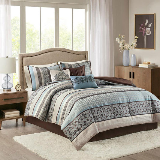 Princeton 7 Piece Jacquard Comforter Set Blue Queen Olliix.com