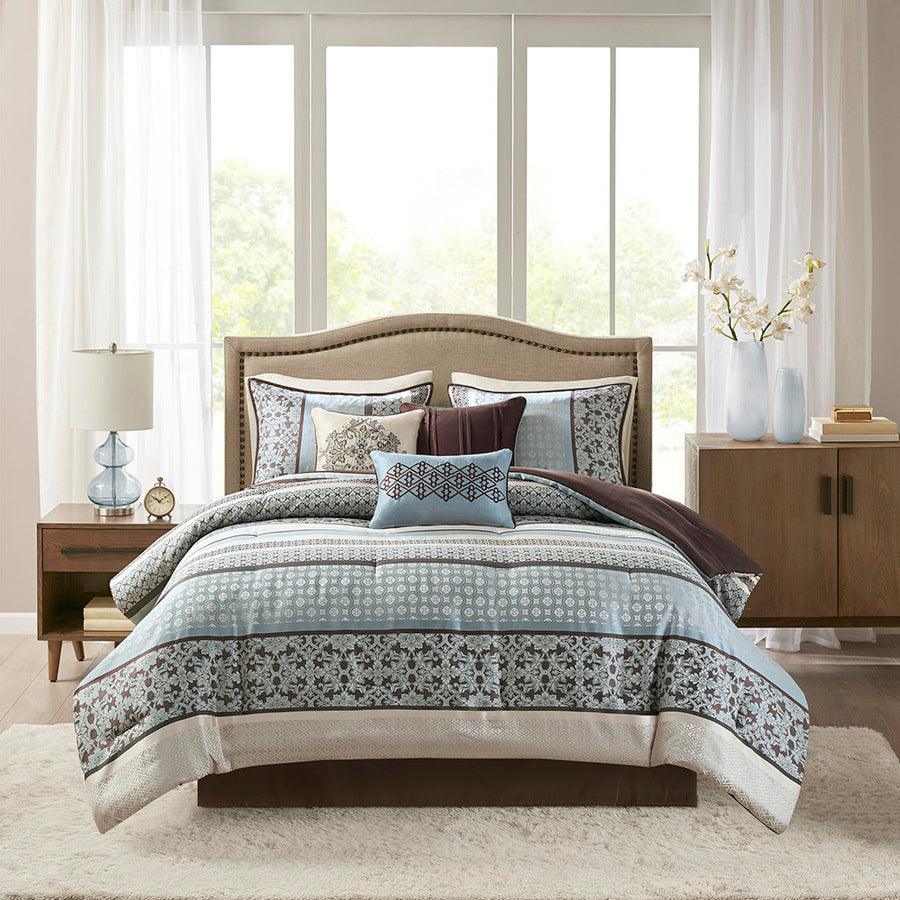 Princeton 7 Piece Jacquard Comforter Set Blue Queen Olliix.com