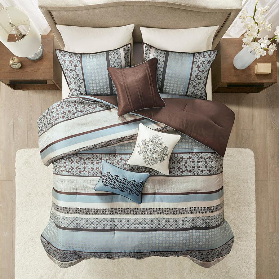 Princeton 7 Piece Jacquard Comforter Set Blue Queen Olliix.com