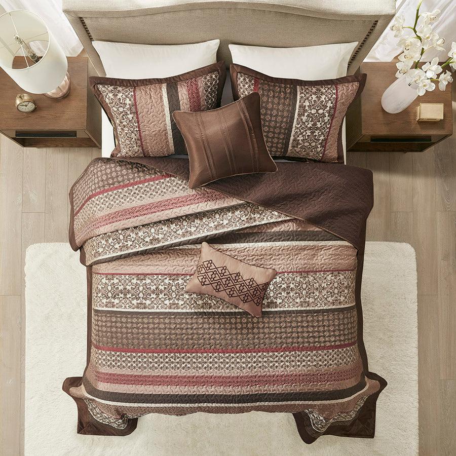 Princeton King 5 Piece Reversible Jacquard Bedspread Set Red Olliix.com