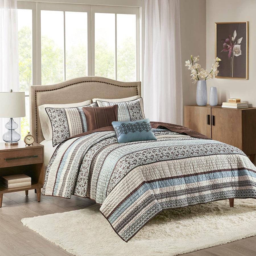 Princeton King/California King 5 Piece Reversible Jacquard Coverlet Set Blue Olliix.com