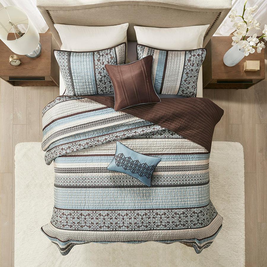 Princeton King/California King 5 Piece Reversible Jacquard Coverlet Set Blue Olliix.com