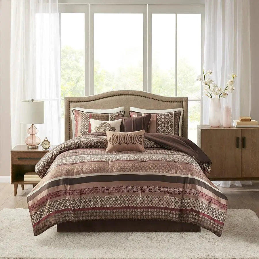 Princeton Transitional 7 Piece Jacquard Comforter Set Red King Olliix.com