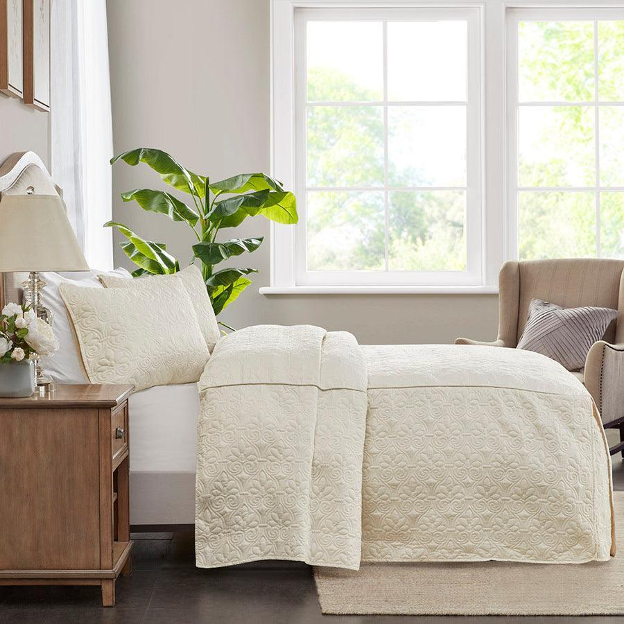 Quebec King 3 Piece Fitted Bedspread Set Cream Olliix.com