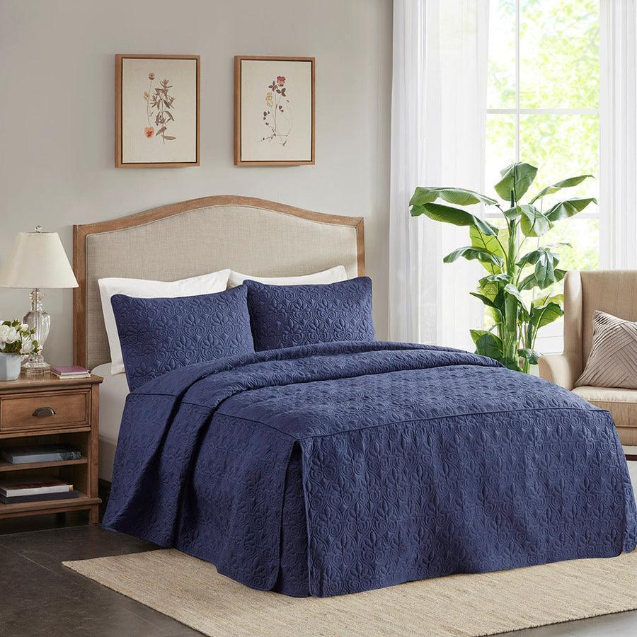 Quebec King 3 Piece Fitted Bedspread Set Navy Olliix.com