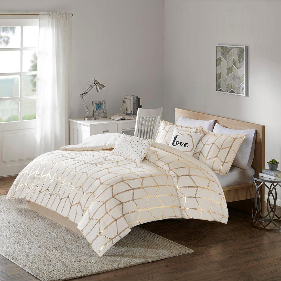 Raina 26 " W Metallic Printed Comforter Set Ivory & Gold Twin/Twin XL Olliix.com