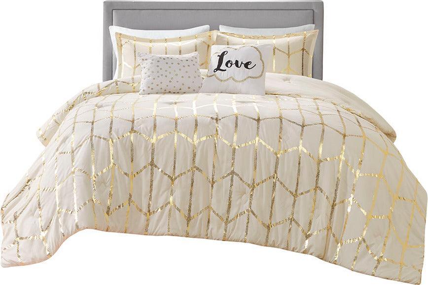 Raina 26 " W Metallic Printed Comforter Set Ivory & Gold Twin/Twin XL Olliix.com