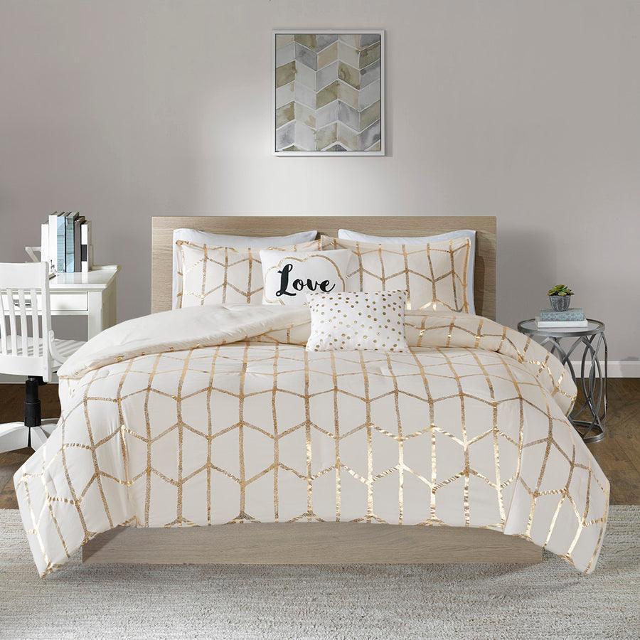 Raina 26 " W Metallic Printed Comforter Set Ivory & Gold Twin/Twin XL Olliix.com