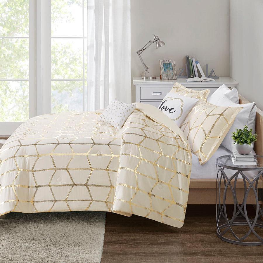 Raina 26 " W Metallic Printed Comforter Set Ivory & Gold Twin/Twin XL Olliix.com