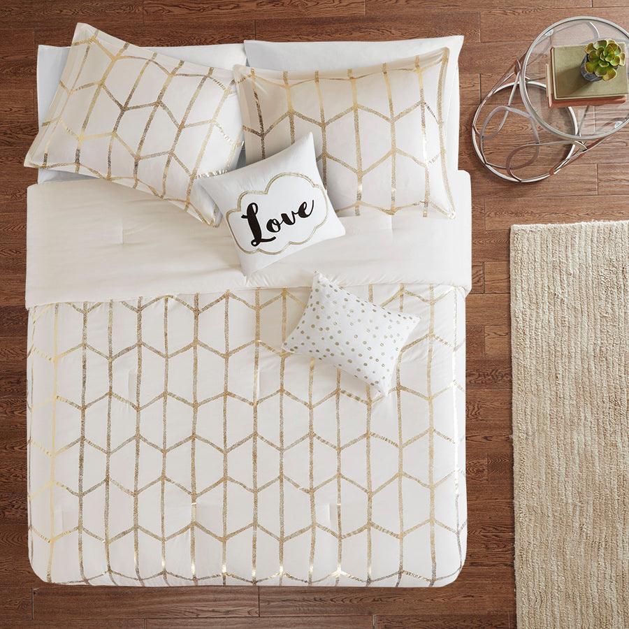 Raina 26 " W Metallic Printed Comforter Set Ivory & Gold Twin/Twin XL Olliix.com