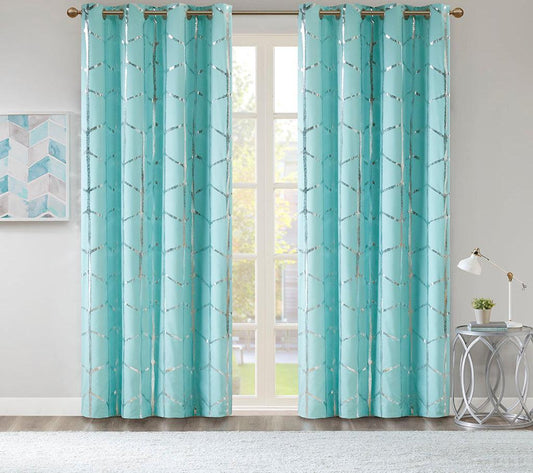 Raina 63" Total Blackout Metallic Print Grommet Top Curtain Aqua & Silver Olliix.com