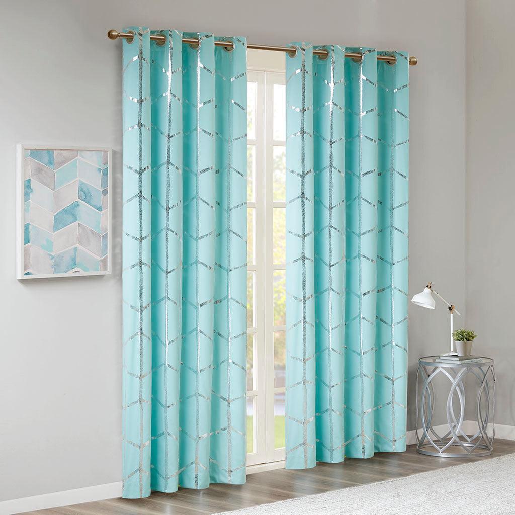 Raina 63" Total Blackout Metallic Print Grommet Top Curtain Aqua & Silver Olliix.com