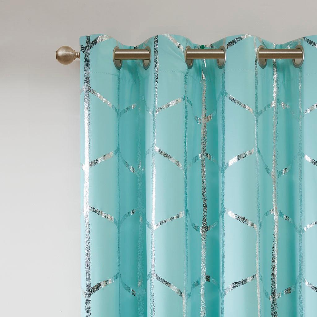 Raina 63" Total Blackout Metallic Print Grommet Top Curtain Aqua & Silver Olliix.com