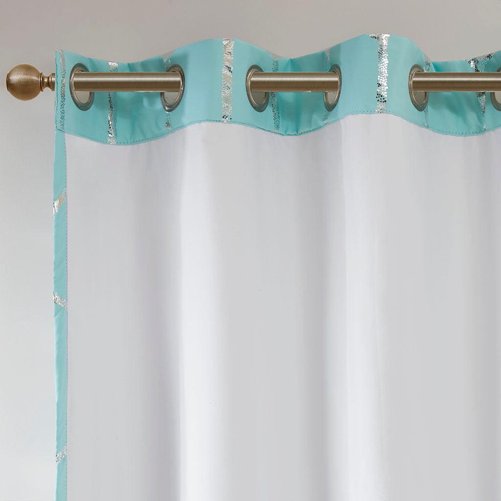 Raina 63" Total Blackout Metallic Print Grommet Top Curtain Aqua & Silver Olliix.com