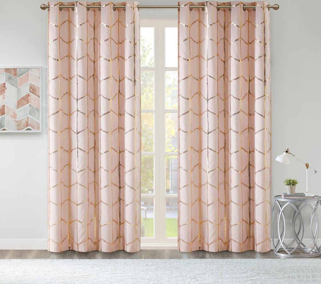 Raina 63" Total Blackout Metallic Print Grommet Top Curtain Blush & Gold Olliix.com