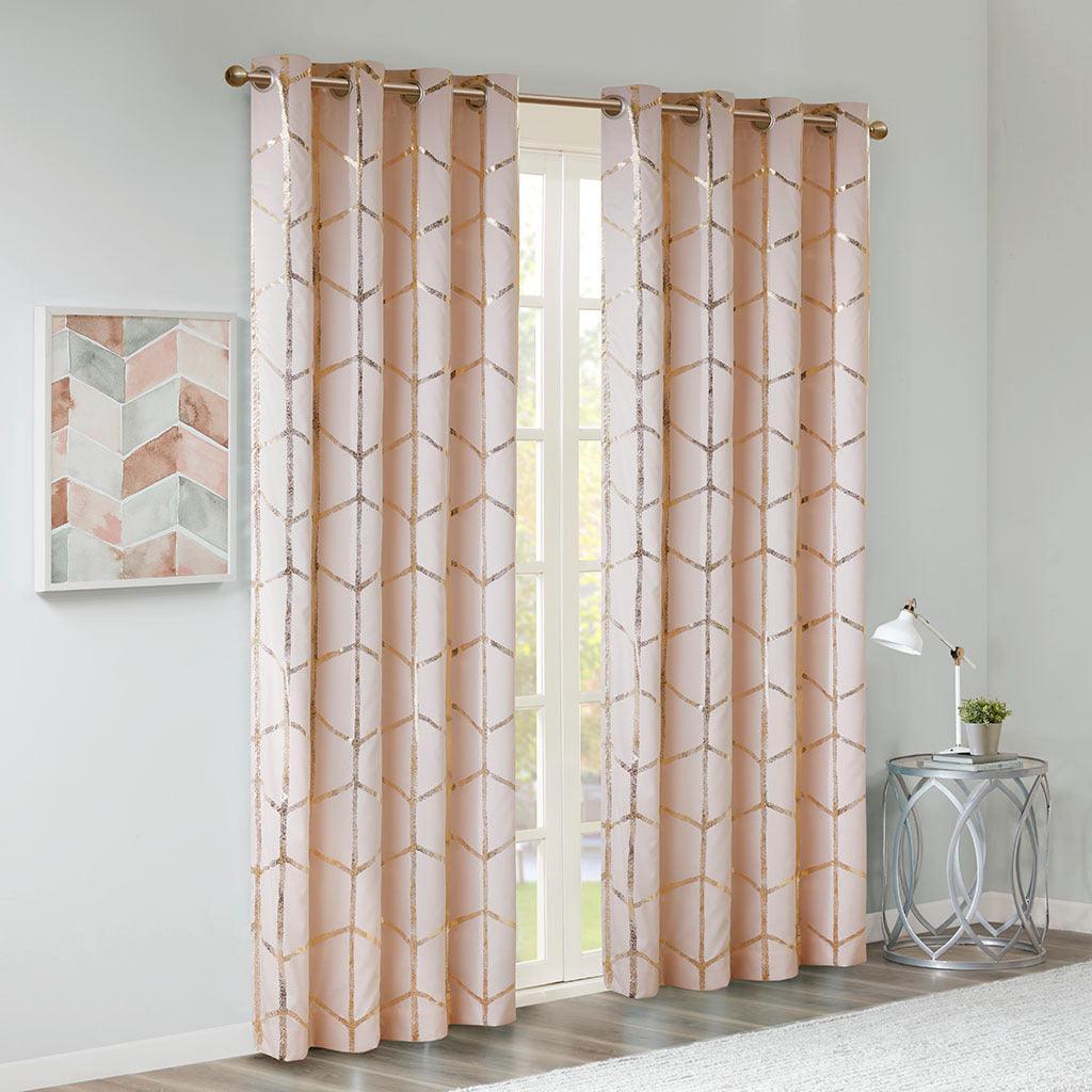 Raina 63" Total Blackout Metallic Print Grommet Top Curtain Blush & Gold Olliix.com