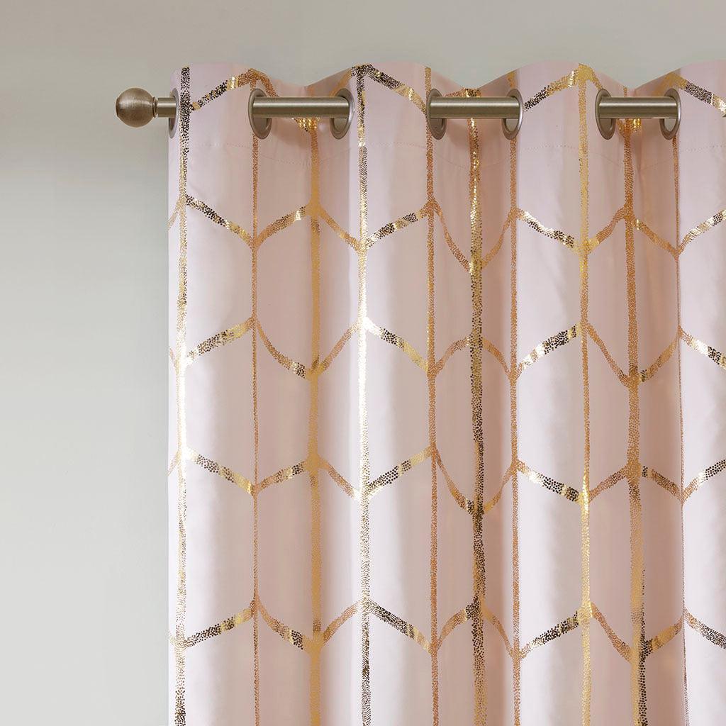 Raina 63" Total Blackout Metallic Print Grommet Top Curtain Blush & Gold Olliix.com