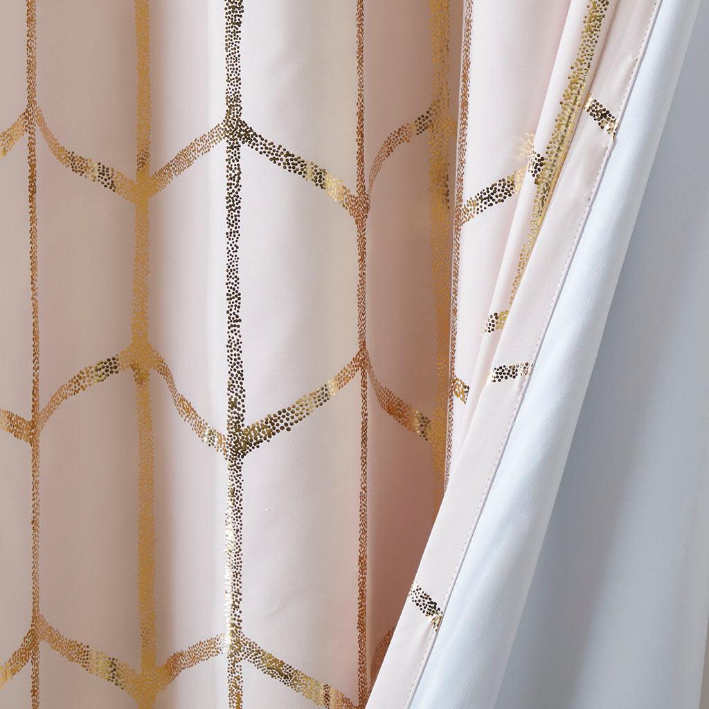 Raina 63" Total Blackout Metallic Print Grommet Top Curtain Blush & Gold Olliix.com