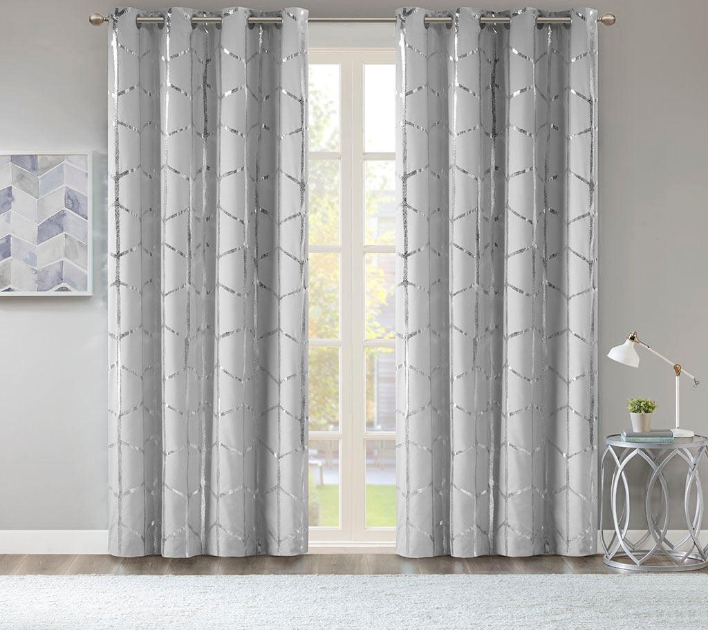 Raina 63" Total Blackout Metallic Print Grommet Top Curtain Gray & Silver Olliix.com