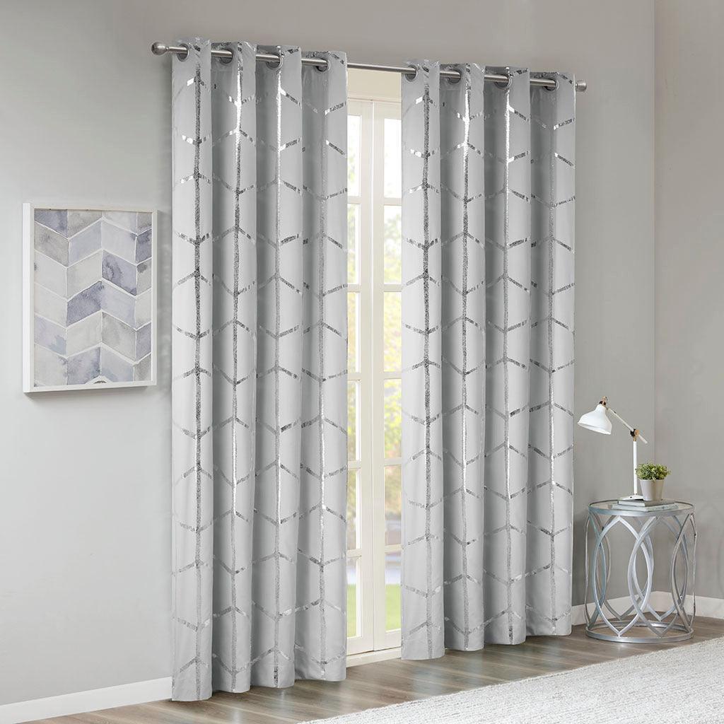 Raina 63" Total Blackout Metallic Print Grommet Top Curtain Gray & Silver Olliix.com