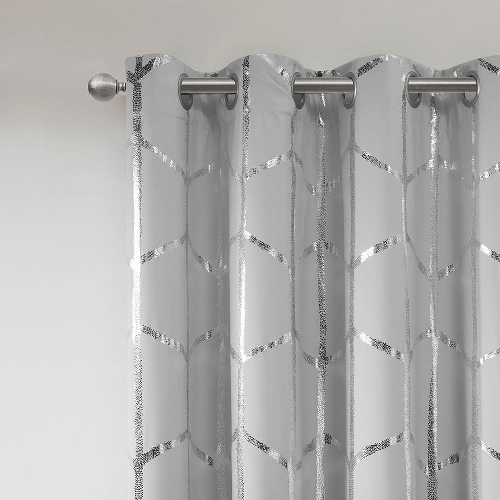 Raina 63" Total Blackout Metallic Print Grommet Top Curtain Gray & Silver Olliix.com