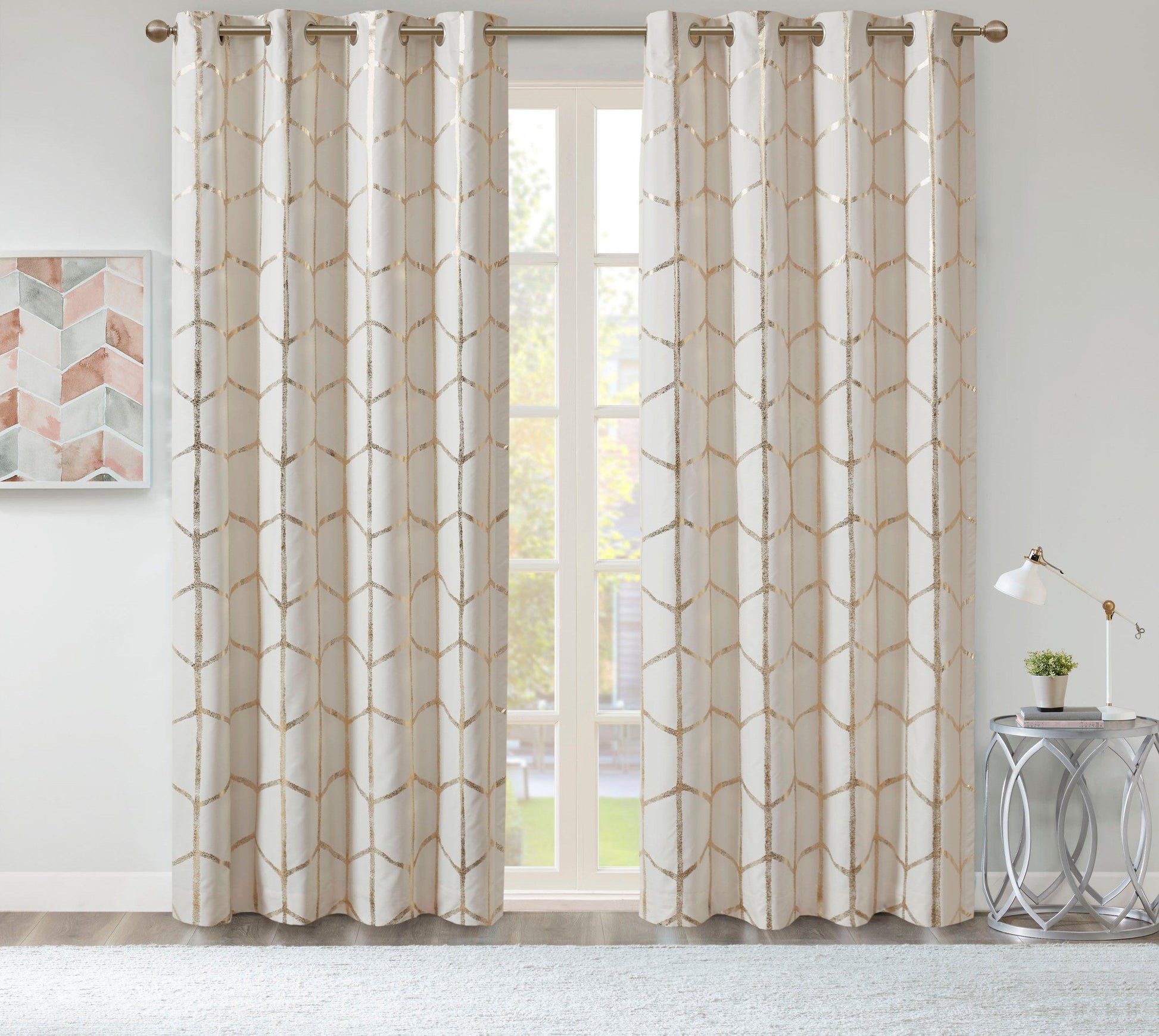 Raina 63" Total Blackout Metallic Print Grommet Top Curtain Ivory & Gold Olliix.com