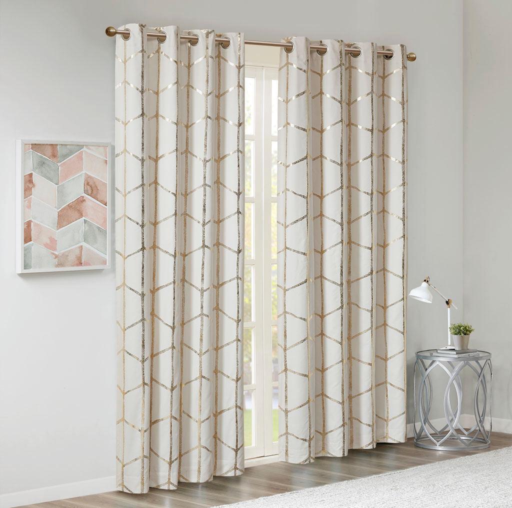 Raina 63" Total Blackout Metallic Print Grommet Top Curtain Ivory & Gold Olliix.com