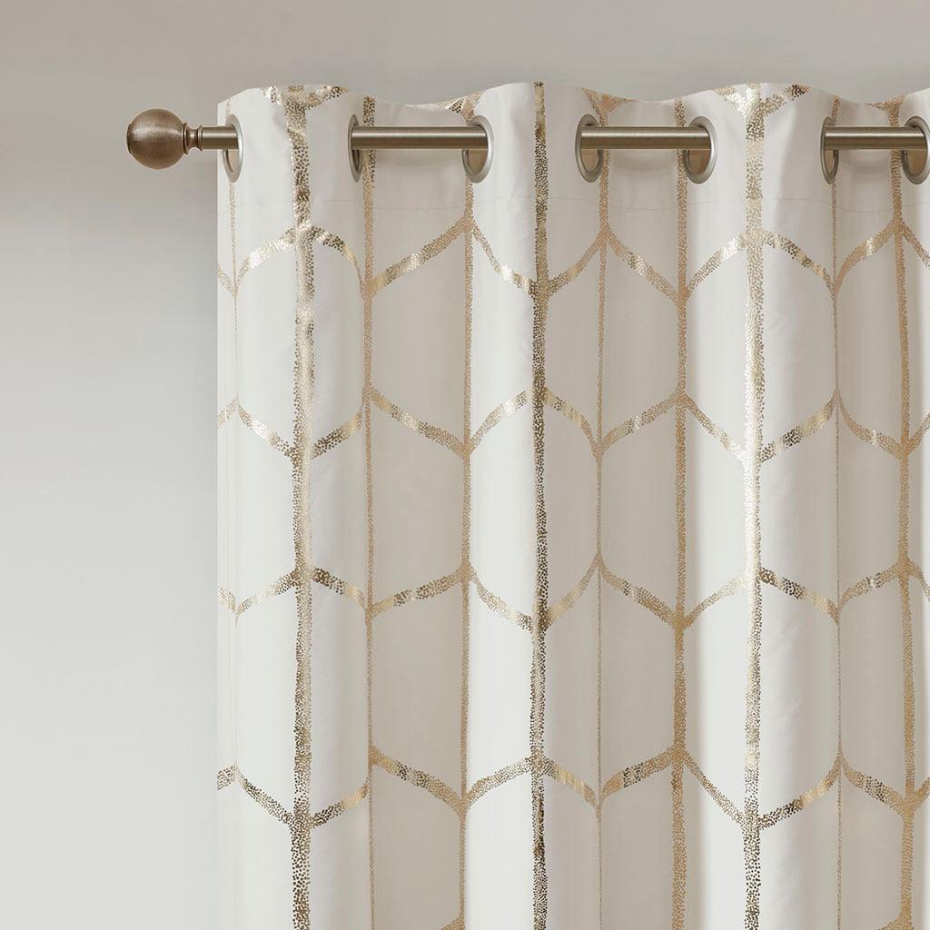 Raina 63" Total Blackout Metallic Print Grommet Top Curtain Ivory & Gold Olliix.com