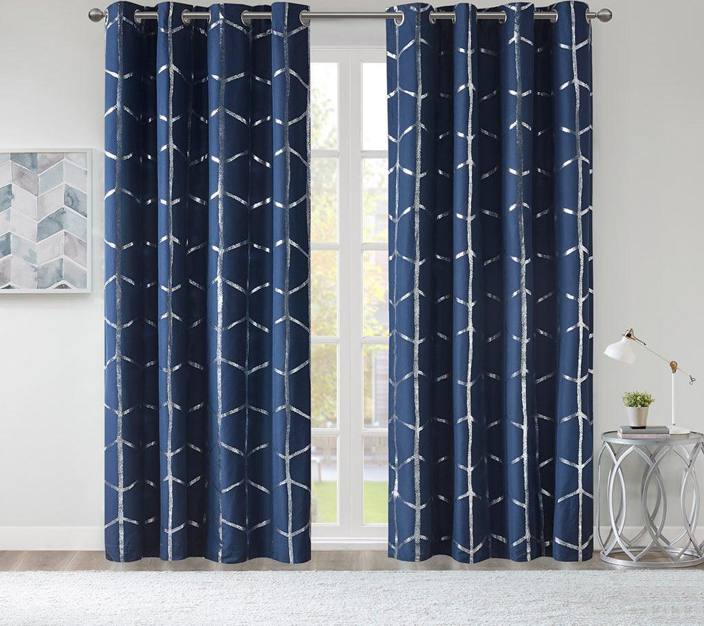 Raina 63" Total Blackout Metallic Print Grommet Top Curtain Navy Olliix.com