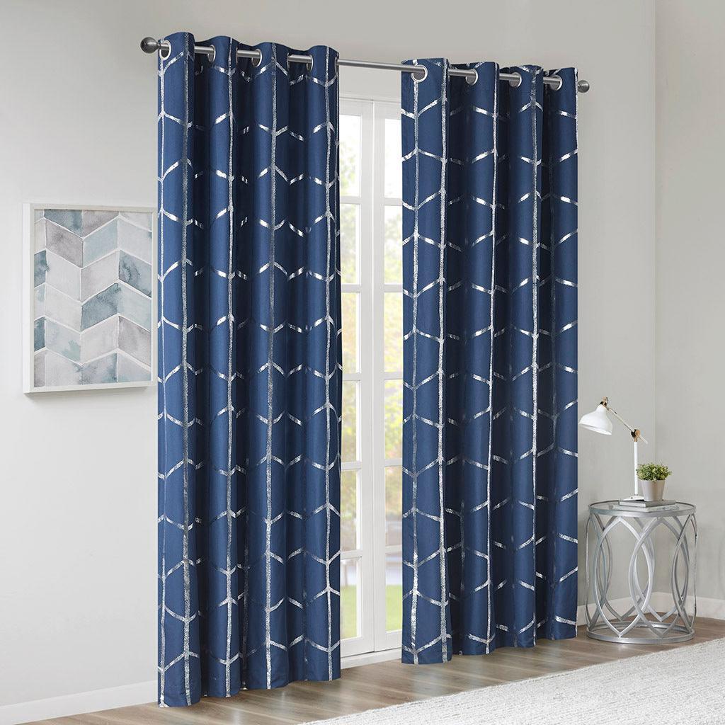 Raina 63" Total Blackout Metallic Print Grommet Top Curtain Navy Olliix.com