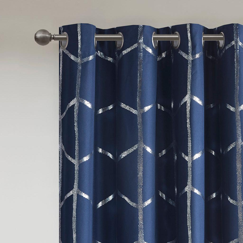 Raina 63" Total Blackout Metallic Print Grommet Top Curtain Navy Olliix.com