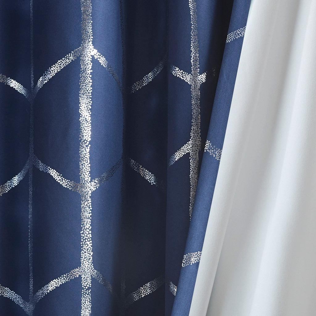 Raina 63" Total Blackout Metallic Print Grommet Top Curtain Navy Olliix.com