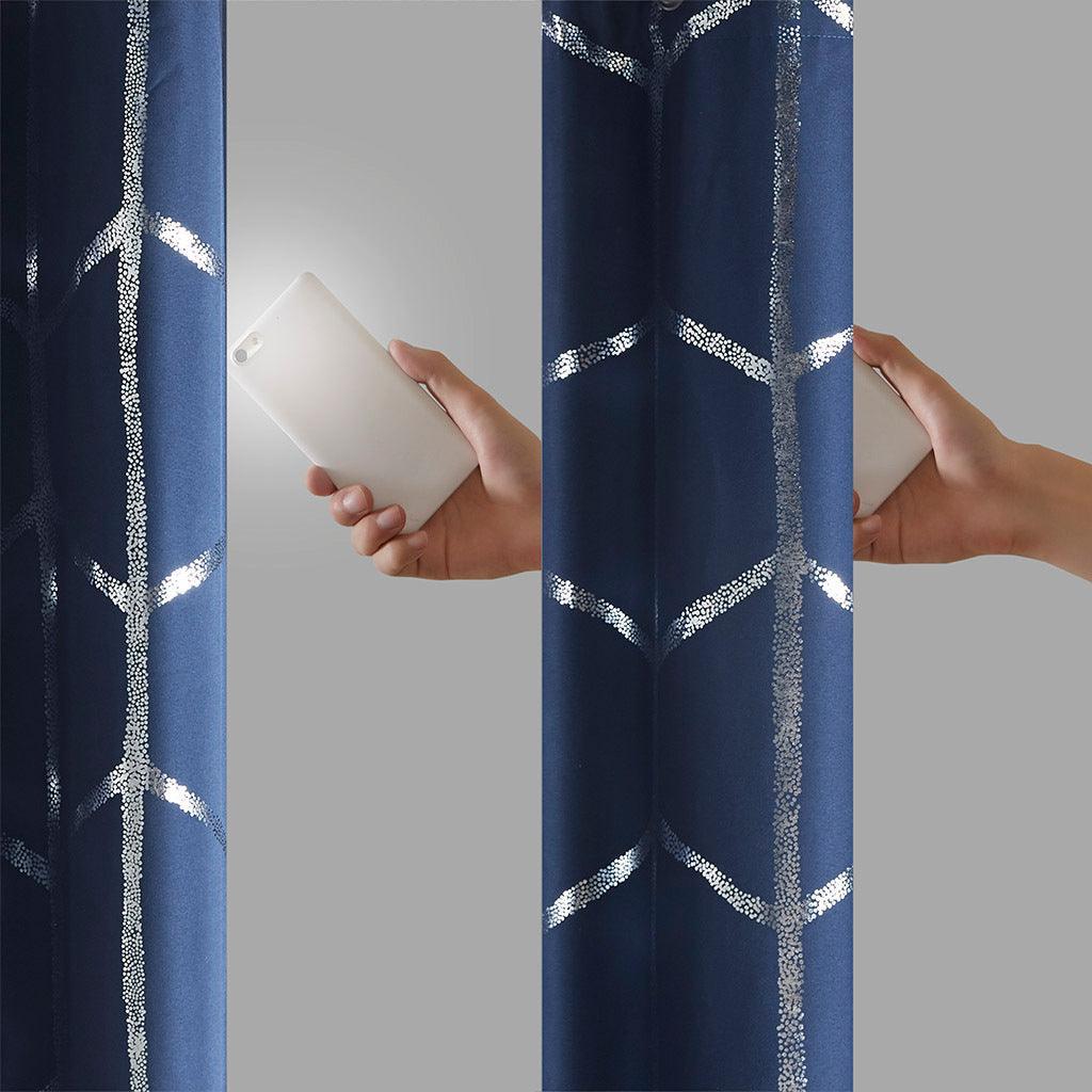 Raina 63" Total Blackout Metallic Print Grommet Top Curtain Navy Olliix.com